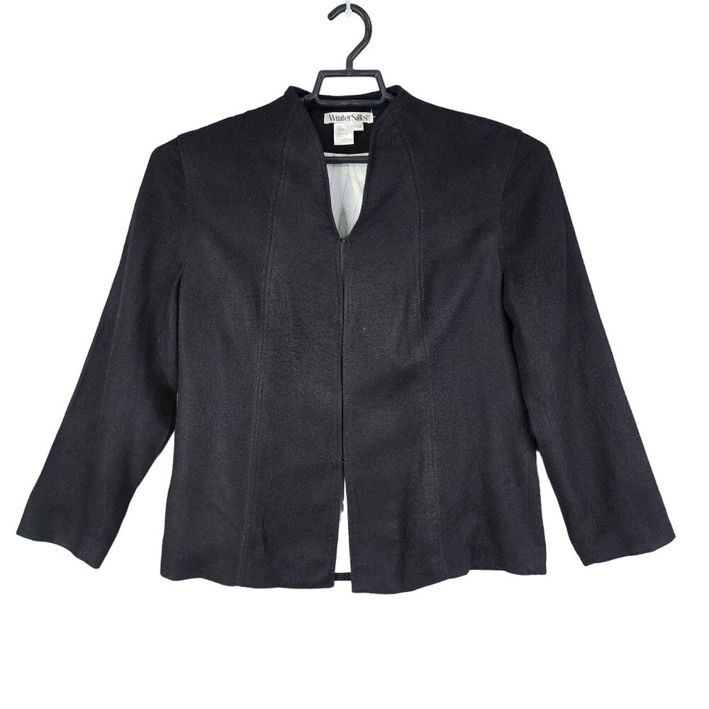 Womens Black WinterSilks Jacket Silk & Wool Blend Long Sleeve V Neck Size 14